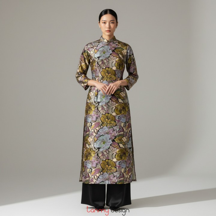 Set Áo Dài Tân Xuân gấm Họa tiết be tím F